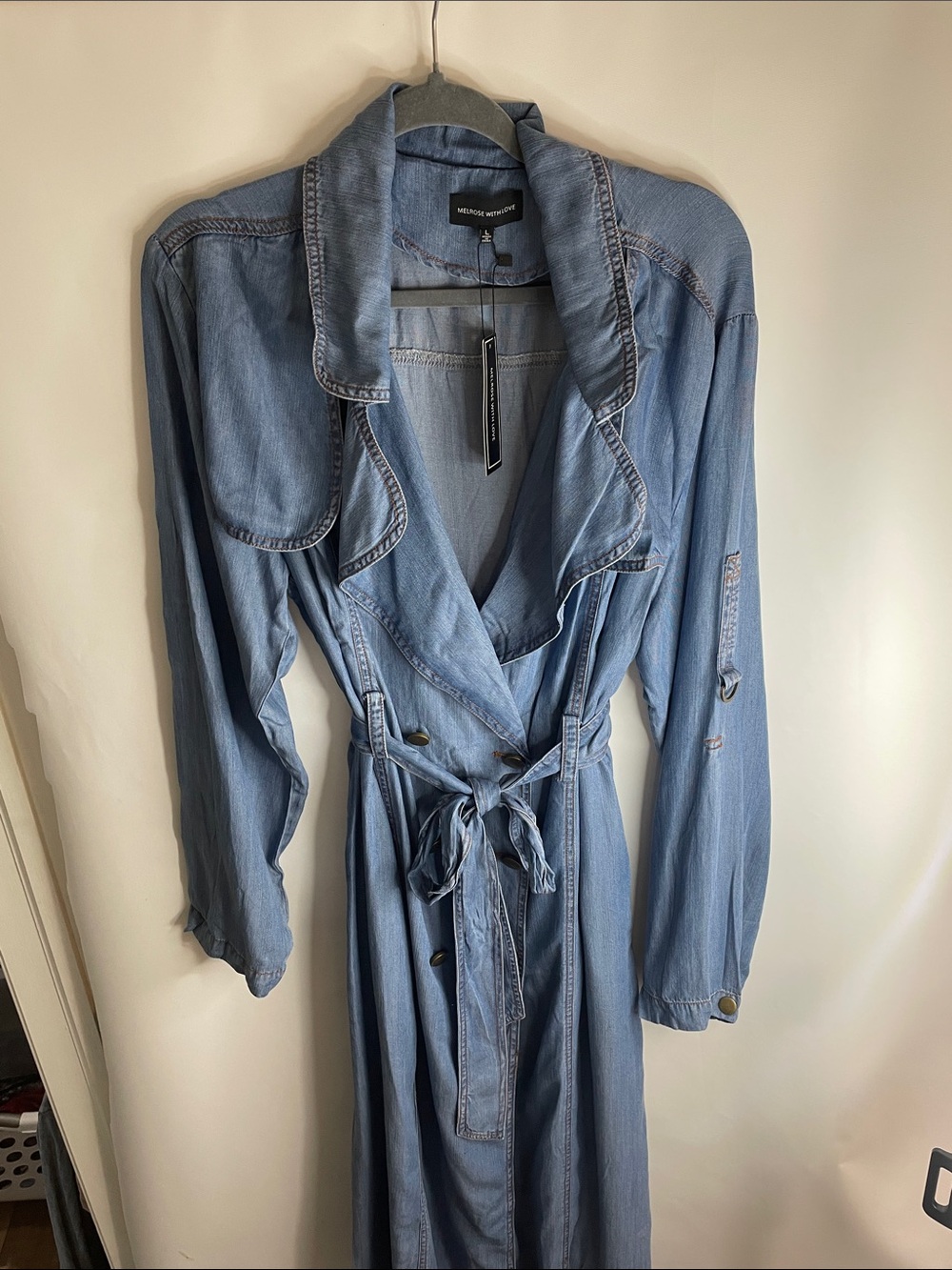 Melrose with Love
Light Blue Denim Chambray Maxi Duster Dress with tie waist.